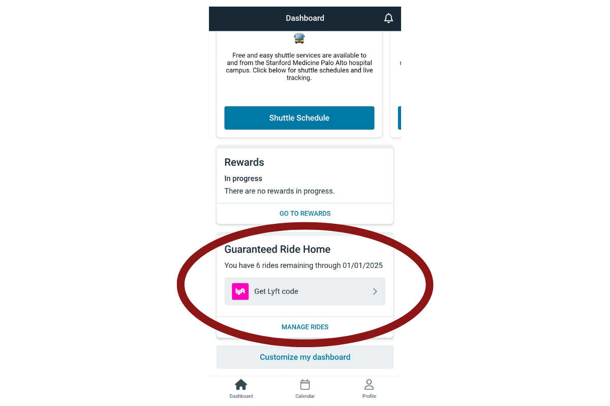 Mobile app dashboard showing Guaranteed Ride Home section highlighted in red with a button to get a Lyft code.